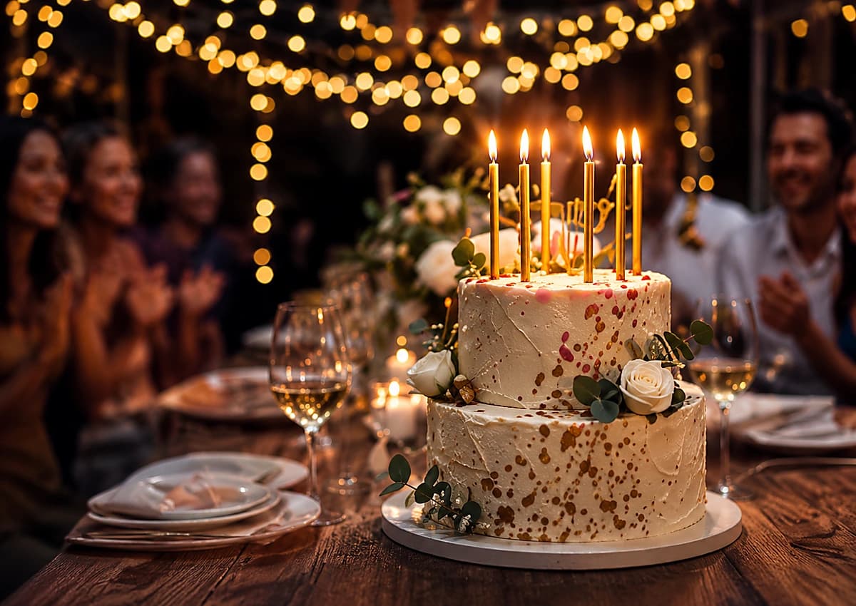 Gâteau d'anniversaire avec bougies dorées lors d'une soirée festive