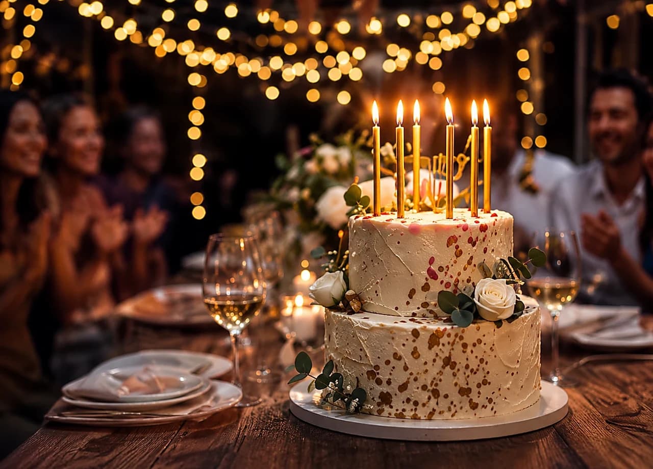 Tablée d'anniversaire avec gâteau, bougies et guirlandes lumineuses